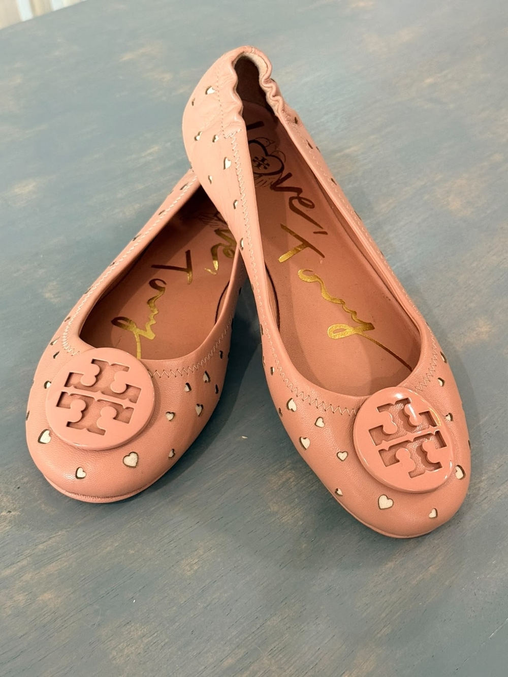Tory Burch Blush Pink Leather Logo Heart Ballet Flats